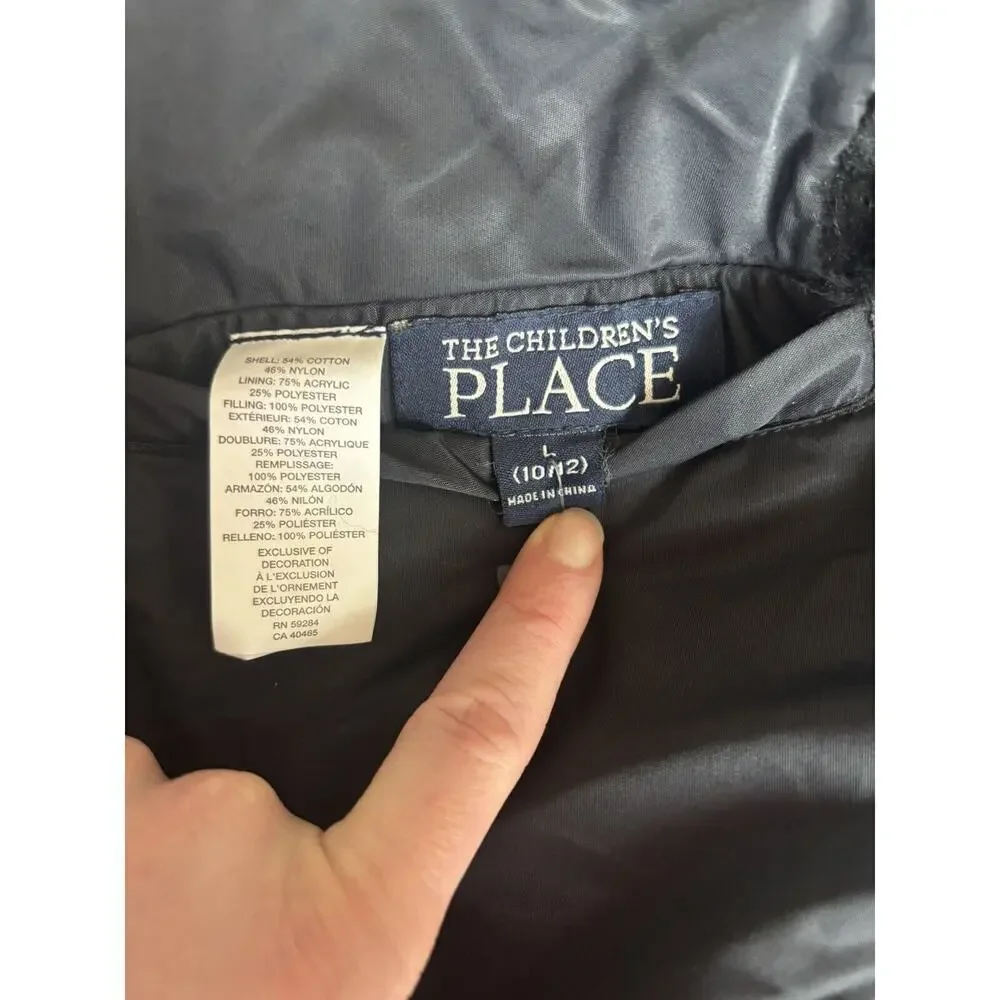 The Children's Place Jacket Girls L 10/12 Black Fur Nylon Hooded Reversible City